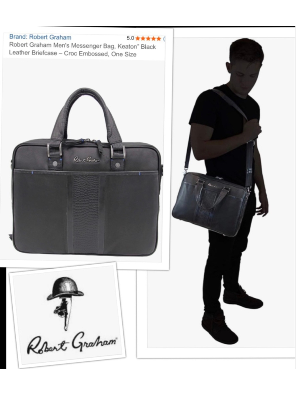 Robert Graham Quiet Luxury Mens Briefcase Laptop Messenger Bag in Black Leather